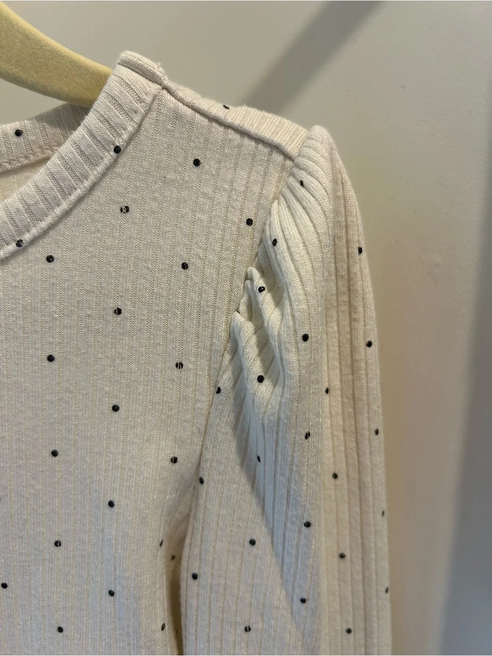 Gap Kids Softspun Ribbed Top - Girls Long Sleeve Cream & Black Polka Dots